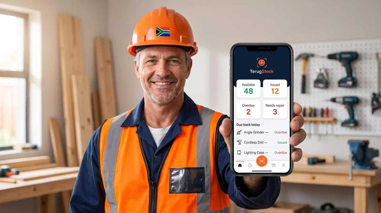 A site foreman holding a phone running the TerugStock register — available, issued, overdue and needs-repair tool counts at a glance